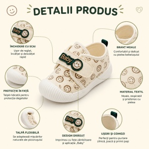 Pantofi Bebeluși pentru Primii Pași, Închidere cu Scai, Branț Moale, Model Smiley Baby, Crem cu Verde - Img 2