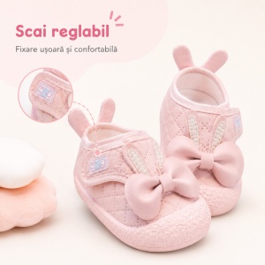 Pantofi Bebeluși pentru Primii Pași, Închidere cu Scai, Branț Moale, Model Fundiță și Urechi de Iepuraș, Roz - Img 4