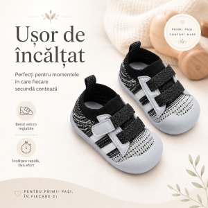 Pantofi Copii pentru Primii Pași, cu Scai, Bandă Elastică, Branț Moale, Talpă Antiderapantă, Negru cu Alb - Img 6
