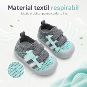 Pantofi Copii pentru Primii Pași, Închidere cu Scai, Bandă Elastică, Branț Moale, Talpă Antiderapantă, Gri cu Verde Mentă - Img 6