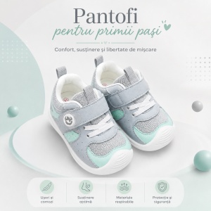 Pantofi Copii Stil Adidași, cu Elastic și Scai, Branț Moale, Talpă din Cauciuc, Gri cu Verde Mentă - Img 8