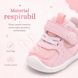 Pantofi Copii Stil Adidași, cu Elastic și Scai, Branț Moale, Talpă din Cauciuc, Roz Pal - Img 4