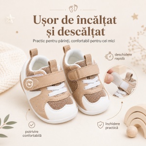 Pantofi Copii Stil Adidași, cu Elastic și Scai, Branț Moale, Talpă din Cauciuc, Alb cu Bej - Img 4