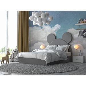 Pat Tapitat Happy Mouse Pentru Copii Gri, cu Functie Telescopica, 140x200 cm