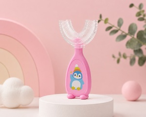 Periuta de dinti pentru Copii, Manuala, Silicon si Plastic, 10 cm, Pinguin Roz, 2 ani+