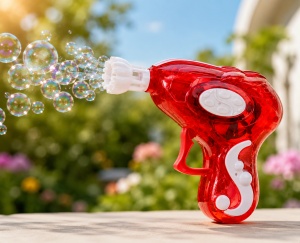 Pistol pentru Baloane de Săpun Model Bubble Mini Roșu Transparent , cu Lumini LED, Funcționare pe Baterii - Img 3