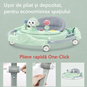Premergător Bebe Pliabil, 6-18 Luni, Reglabil pe 6 Niveluri, cu Centru de Activități Model Maimuță, Verde/Gri - Maner Parental - Img 3