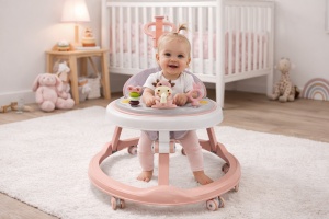 Premergător Copii 6-18 Luni, Pliabil One-Click, Reglabil pe Înălțime, cu Centru de Activități Model Văcuță –Roz/Gri - Maner Parental - Img 2