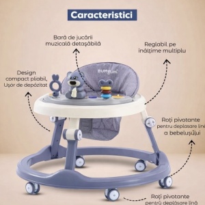 Premergător Culoare Lila/Gri pentru Bebeluși cu Mâner Reglabil, Model Urs cu Centru de Activități - Img 3