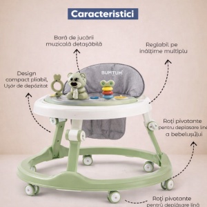 Premergător Culoare Verde pentru Bebeluși cu Mâner Reglabil, Model Urs cu Centru de Activități - Img 3