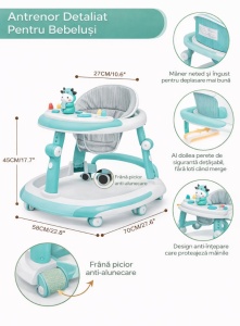 Premergător Multifuncțional pentru Bebeluși 6-24 Luni, Culoare Turquoise– 4 în 1, Centru de Activități Interactiv - Img 2