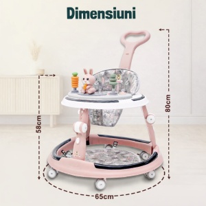 Premergător Roz Multifuncțional,6-24 Luni, cu Mâner Parental, Lumini LED 360°,cu Muzică și Jucării - Img 3