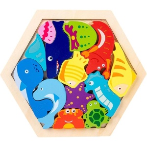 Puzzle din Lemn Montessori, Animale Subacvatice, Stivuire, Lemn, 10 bucati, 20 cm x 20 cm