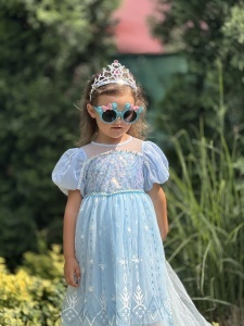 Rochie Fetite Carnaval, Printesa, Tull/Saten, Bleu, Sclipici Albastru, Accesoriu Pelerina - Img 4