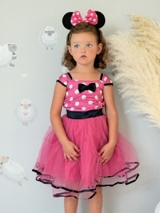 Rochie Fetite Carnaval, Printesa, Tull/Saten, Fucsia cu Buline Albe, plus Accesoriu Bentita