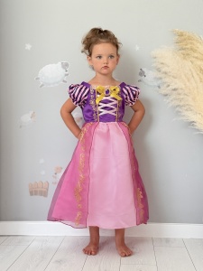 Rochie Fetite Carnaval, Printesa, Tull/Saten, Roz si Mov, Sclipici Auriu, Accesoriu Brosa Mov - Img 2