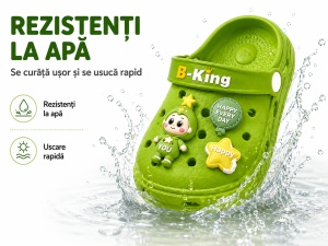 Saboți Copii Tip Crocs cu Personaj 3D, Balon și Stea Decorativa, Baretă Reglabilă, Talpă Antiderapantă, Verde - Img 7