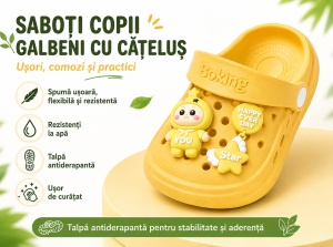 Saboți Copii Tip Crocs cu Personaj 3D, Balon și Stea Decorativa, Baretă Reglabilă, Talpă Antiderapantă, Galben - Img 12