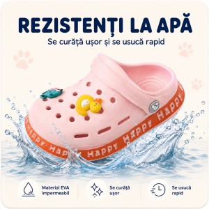 Saboți Copii Tip Crocs din Spumă cu Accesorii 3D Detașabile, Baretă Reglabilă, Talpă Antiderapantă, Roz - Img 5