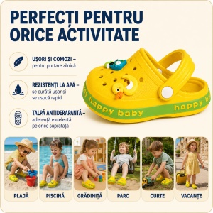 Saboți Copii Tip Crocs din Spumă cu Accesorii 3D Detașabile, Baretă Reglabilă, Talpă Antiderapantă, Galben - Img 8
