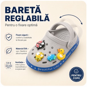 Saboți Copii Tip Crocs din Spumă cu Accesorii 3D Detașabile și Baretă Reglabilă, Gri - Img 3