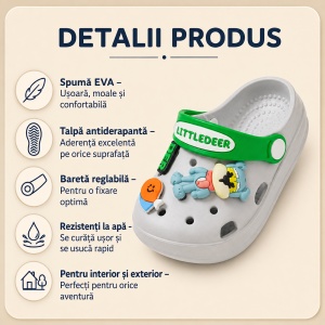 Saboți Copii Tip Crocs din Spumă cu Accesorii Detasabile și Baretă Reglabilă, Gri - Img 2