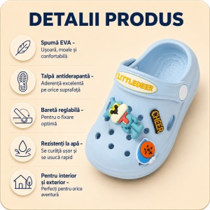 Saboți Copii Tip Crocs din Spumă cu Accesorii Detașabile și Baretă Reglabilă, Bleu - Img 2