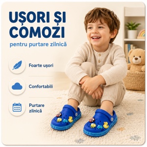 Saboți Copii Tip Crocs din Spumă cu Accesorii Detașabile și Baretă Reglabilă, Albastru Închis - Img 7