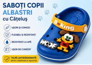 Saboți Copii Tip Crocs din Spuma cu Cățeluș 3D, Baretă Reglabilă, Talpă Antiderapantă, Albastru - Img 2