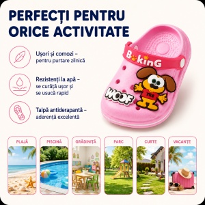 Saboți Copii Tip Crocs din Spumă cu Cățeluș 3D, Baretă Reglabilă, Talpă Antiderapantă, Roz - Img 8