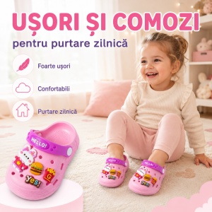 Saboți Copii Tip Crocs din Spumă cu Iepuraș 3D și Accesorii Decorative, Baretă Reglabilă, Talpă Antiderapantă, Roz - Img 7