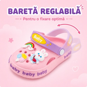 Saboți Copii Tip Crocs din Spumă cu Iepuraș 3D și Curcubeu Decorativ, Baretă Reglabilă, Talpă Antiderapantă, Roz - Img 3