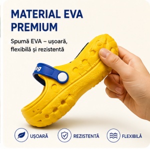 Saboți Copii Tip Crocs din Spumă EVA cu Cățeluș 3D, Baretă Reglabilă, Talpă Antiderapantă, Galben - Img 4