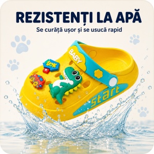 Saboți Copii Tip Crocs din Spumă EVA cu Dino Baby 3D și Accesorii Decorative, Baretă Reglabilă, Talpă Antiderapantă, Galben - Img 6
