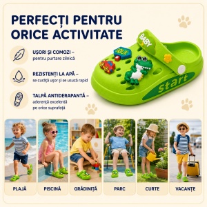 Saboți Copii Tip Crocs din Spumă EVA cu Dino Baby 3D și Accesorii Decorative, Baretă Reglabilă, Talpă Antiderapantă, Verde - Img 8