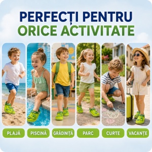Saboți Copii Tip Crocs din Spumă EVA cu Dinozaur 3D Verde, Baretă Reglabilă, Talpă Antiderapantă, Verde - Img 9