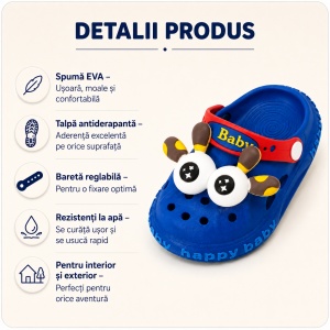 Saboți Copii Tip Crocs din Spumă EVA cu Girafă 3D, Baretă Reglabilă, Talpă Antiderapantă, Albastru - Img 2