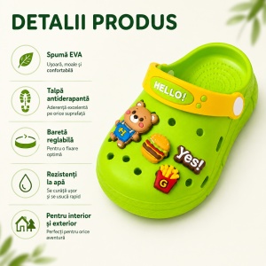 Saboți Copii Tip Crocs din Spumă EVA cu Ursuleț 3D și Accesorii Decorative, Baretă Reglabilă, Talpă Antiderapantă, Verde - Img 2