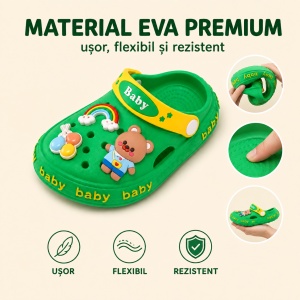 Saboți Copii Tip Crocs din Spumă EVA cu Ursuleț 3D și Curcubeu Decorativ, Baretă Reglabilă, Talpă Antiderapantă, Verde - Img 3