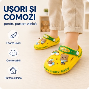 Saboți Copii Tip Crocs din Spumă EVA cu Ursuleț 3D și Curcubeu Decorativ, Baretă Reglabilă, Talpă Antiderapantă, Galben - Img 7
