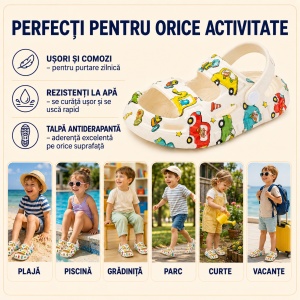 Saboți Copii Tip Crocs din Spumă, Model Decupat cu Mașinuțe Colorate, Baretă Reglabilă, Alb - Img 8