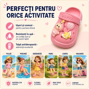 Saboți Copii Tip Crocs ,Spuma cu Personaj 3D, Balon și Stea Decorativa, Baretă Reglabilă, Talpă Antiderapantă, Roz - Img 10