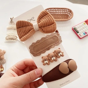 Set 4 Agrafe Pentru Fetite, Clips, Inimi Crem, Ursuleti si Funda, Crem