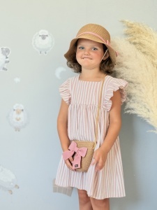 Set Palarie Si Gentuta Pentru Fetite, din Paie, 54 cm, Nude cu Funda Roz - Img 4
