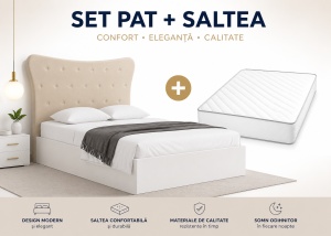 SET Pat tapitat LUXOR – Bej & Cristale 160 x 200 cm + Saltea Lux Ortopedica, Arcuri Bonnell si Spuma Poliuretanica 160 x 200 cm