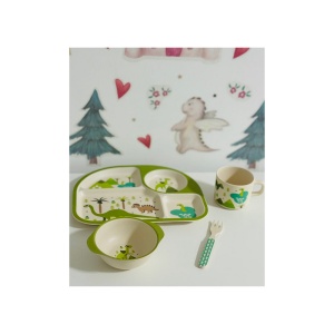 Set Pentru Diversificare Copii, Fibra Bambus, Dino, 5 Piese, Verde Deschis - Img 2