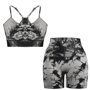 Set pentru Sala Grey/Black 3 piese, Pantalon scurt si Colanti plus Bustiera, Model Tie-Dye - Img 2