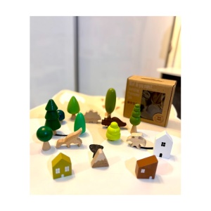 Set Piese Montessori pentru Stivuit, Dinozauri in padure, Lemn, 16 piese