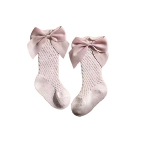 Sosete Lungi pentru Fete, cu Fundite din Saten, Bumbac, Roz Pudrat, Marime 25