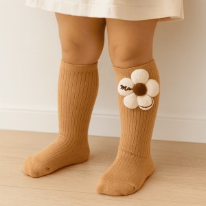 Sosete pentru Copii, Mustar, Model cu Floare Nude, Bumbac, 2-5 ani
